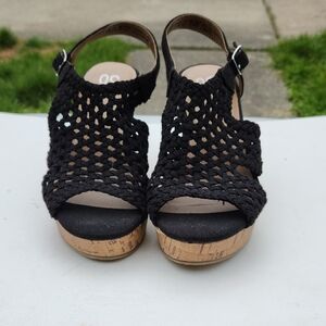 SO Black Woven Open-Toe Cork Wedge Sandals
